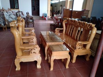 Bộ bàn ghế Minh Quốc gỗ sồi Nga tay 12 phun màu nâu sáng (Anh Hải, Hà Nội)