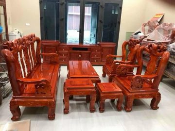 Combo bộ bàn ghế quốc đào tay 12 + kệ tivi gỗ xoan (Chú An, Thái Bình)