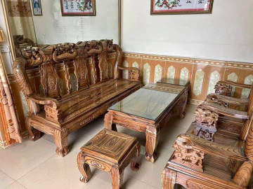 Bộ bàn ghế Minh quốc đào tay 10 gỗ tràm phun giả mun (Cô Hải, Ninh Bình)